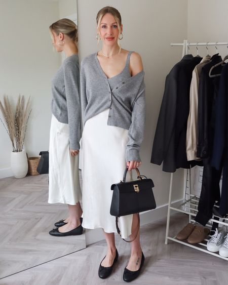 Silk Slip skirt - grey cashmere cardigan - ballet pumps (bag is Cafune) - smart chic workwear Parisian inspired outfit 

These ballet flats are Chanel inspired and under £50! 

This also makes a great office outfit 

#LTKunder50 #LTKworkwear #LTKshoecrush