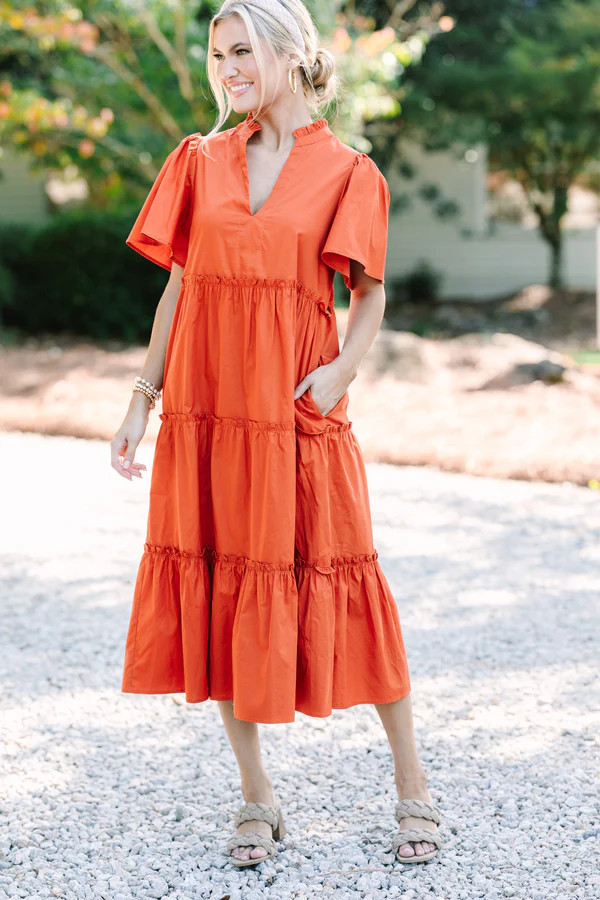 Sugarlips: Make A Statement Rust Orange Tiered Midi Dress | The Mint Julep Boutique