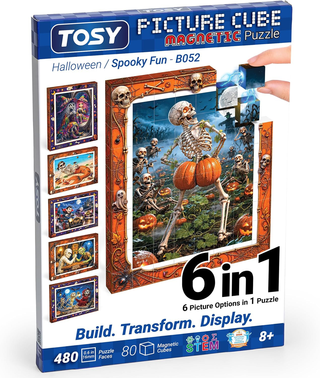 TOSY Picture Cube Halloween Spooky Fun: 6-in-1 Magnetic Picture Puzzle, 80 Blocks, 480 Puzzle Faces, 0.63 in, B052, Seamless UV Art, Display-Ready Frame, Collectible, STEM/STEAM Gift for Kids & Adults | Amazon (US)