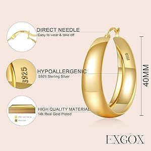 EXGOX Gold Hoop Earrings for Women Sterling Silver Post Hoops Earrings for Women Wide Thick Silve... | Amazon (US)