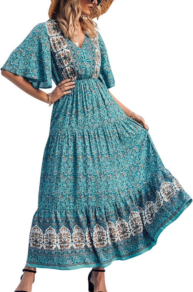 KIRUNDO 2021 Women’s Summer Short Sleeves Maxi Bohemia Dress Sexy V Neck Floral High Waist Flow... | Amazon (US)