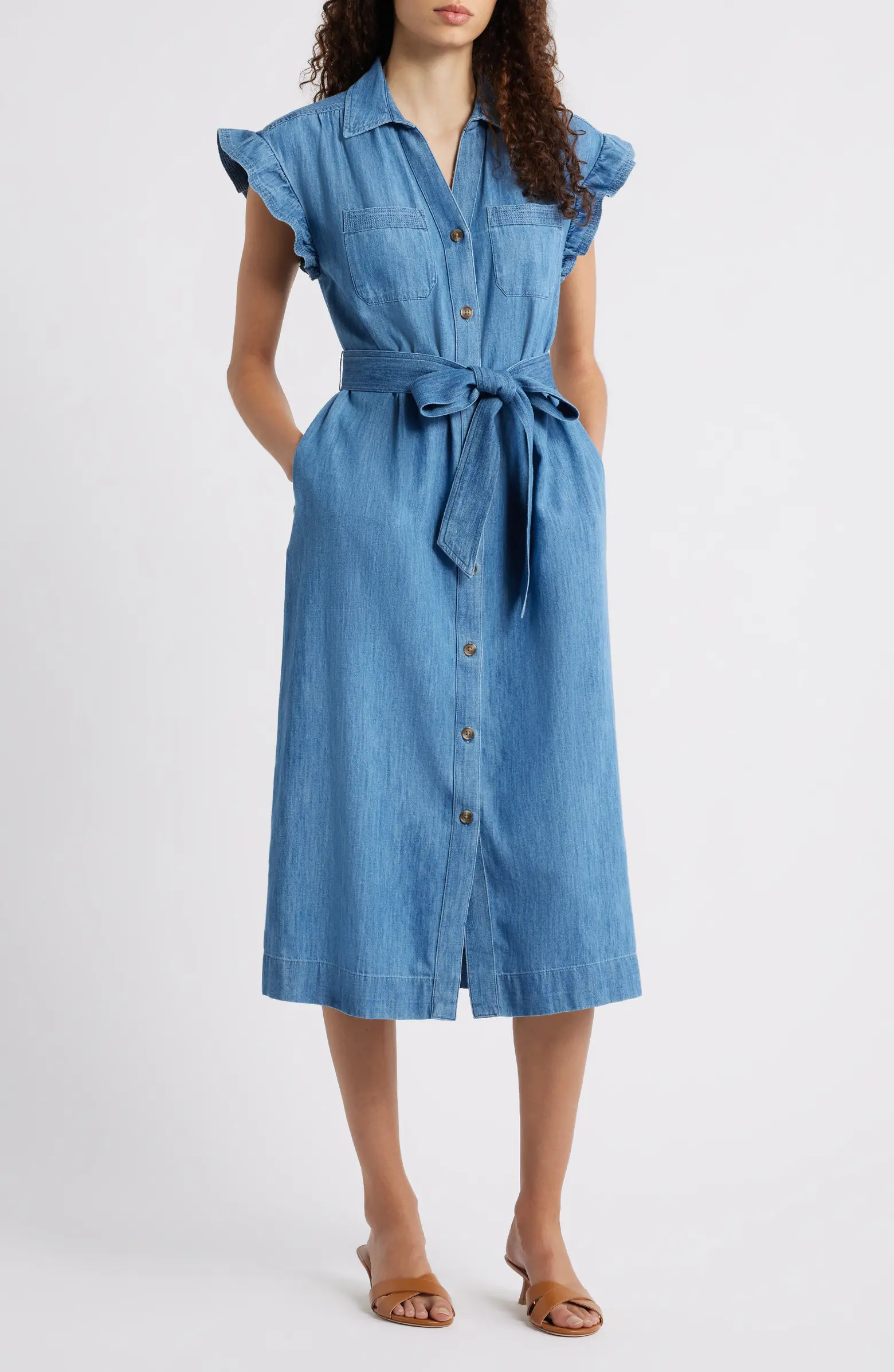 Tie Waist Denim Midi Dress | Nordstrom