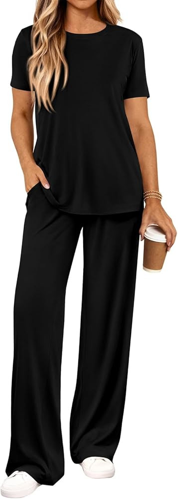 PRETTYGARDEN Spring Lounge Sets for Women 2 Piece Short Sleeve Crewneck Cute Tops and Wide Leg Pa... | Amazon (US)