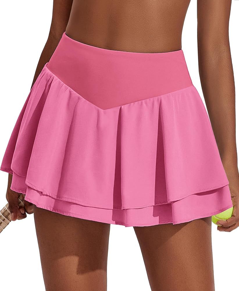 Pinspark womens High Waisted Double Ruffles Flowy Tennis Skirt with Shorts | Amazon (US)