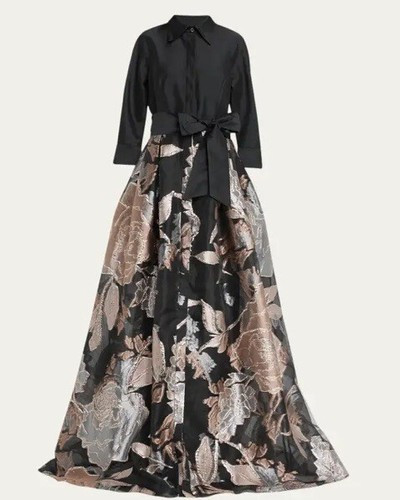 Teri Jon Taffeta And Large Floral Metallic Jacquard Shirtdress Gown Size 14  | eBay | eBay US