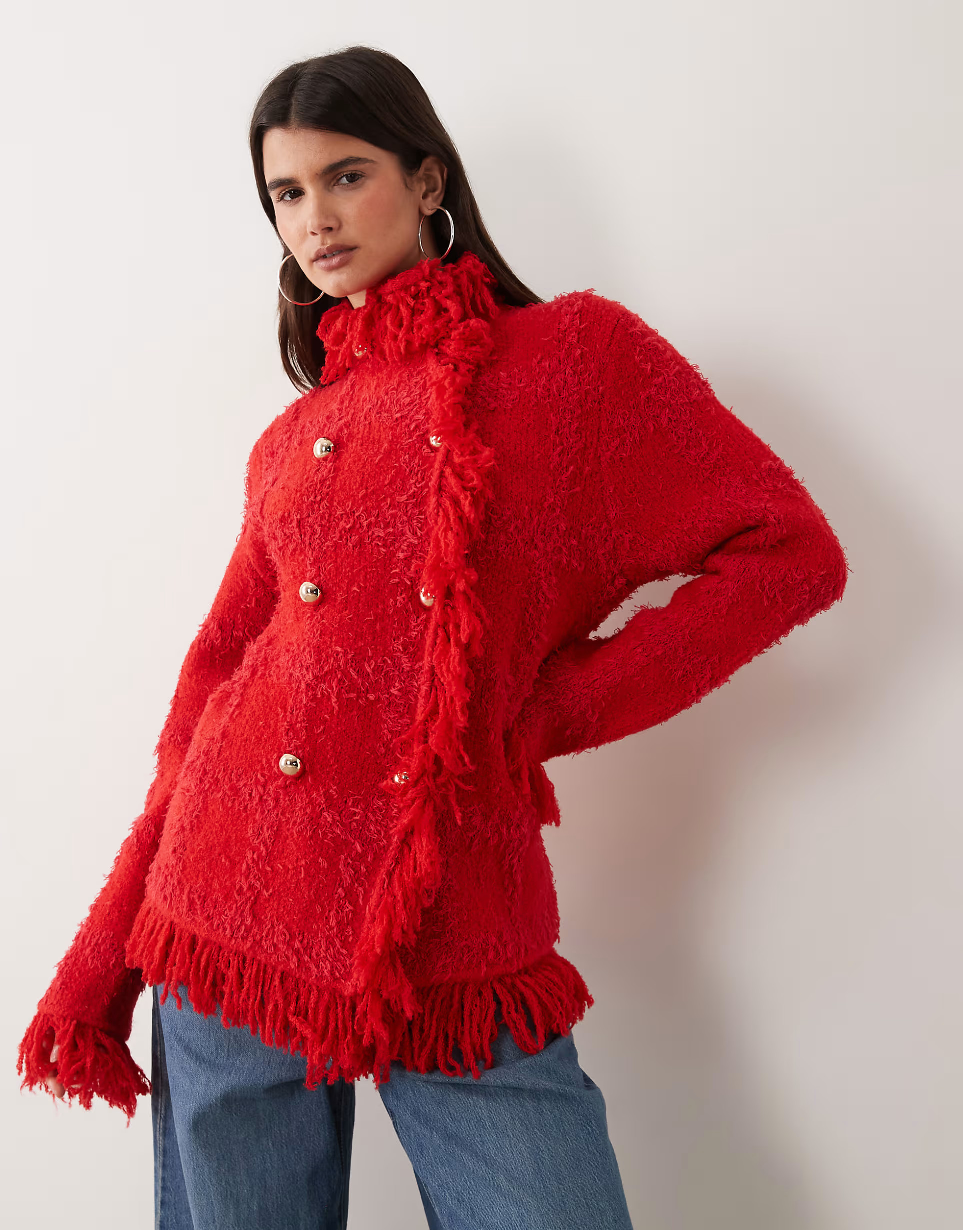 ASOS DESIGN textured fringe double breasted cardigan in red | ASOS (Global)