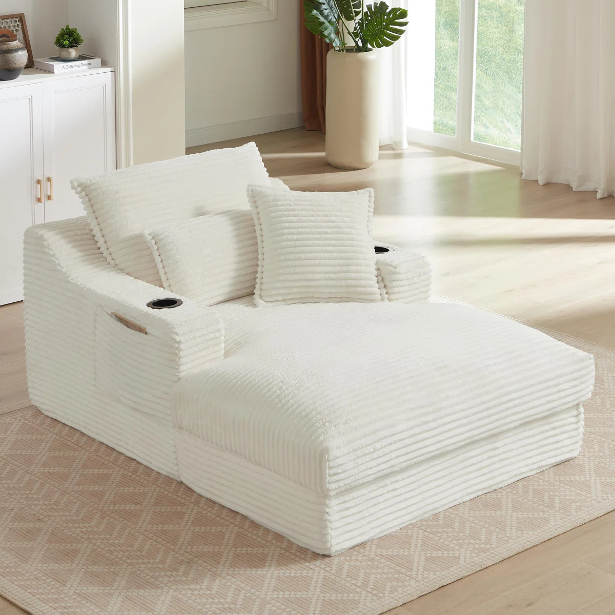 47.2" Corduroy Chaise Lounge Sofa Deep Seat Couch With Storage Bag and Cup Holder - No Assembly R... | Wayfair North America