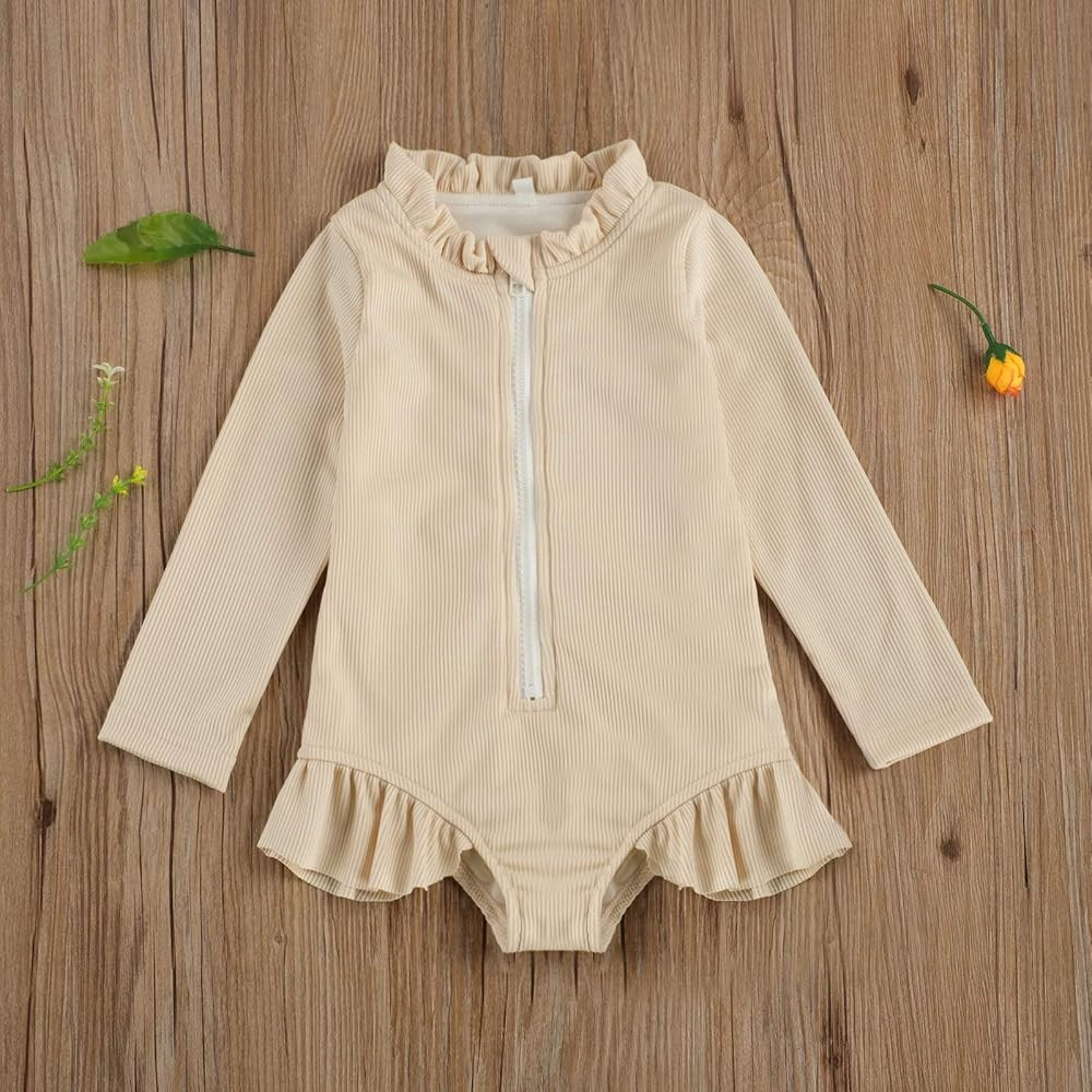 Karuedoo Baby Girls One Piece Swimsuit Zip Rash Guard Swimwear Ruffled Long Sleeve Bathing Suit | Amazon (US)