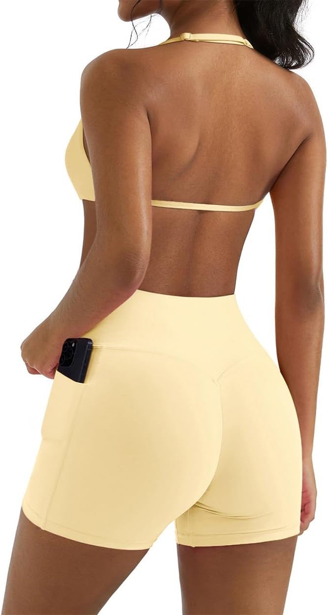 OMKAGI 2 Piece Workout Sets for Women Open Back Strappy Sports Bra Matching Gym Outfits with Pock... | Amazon (US)