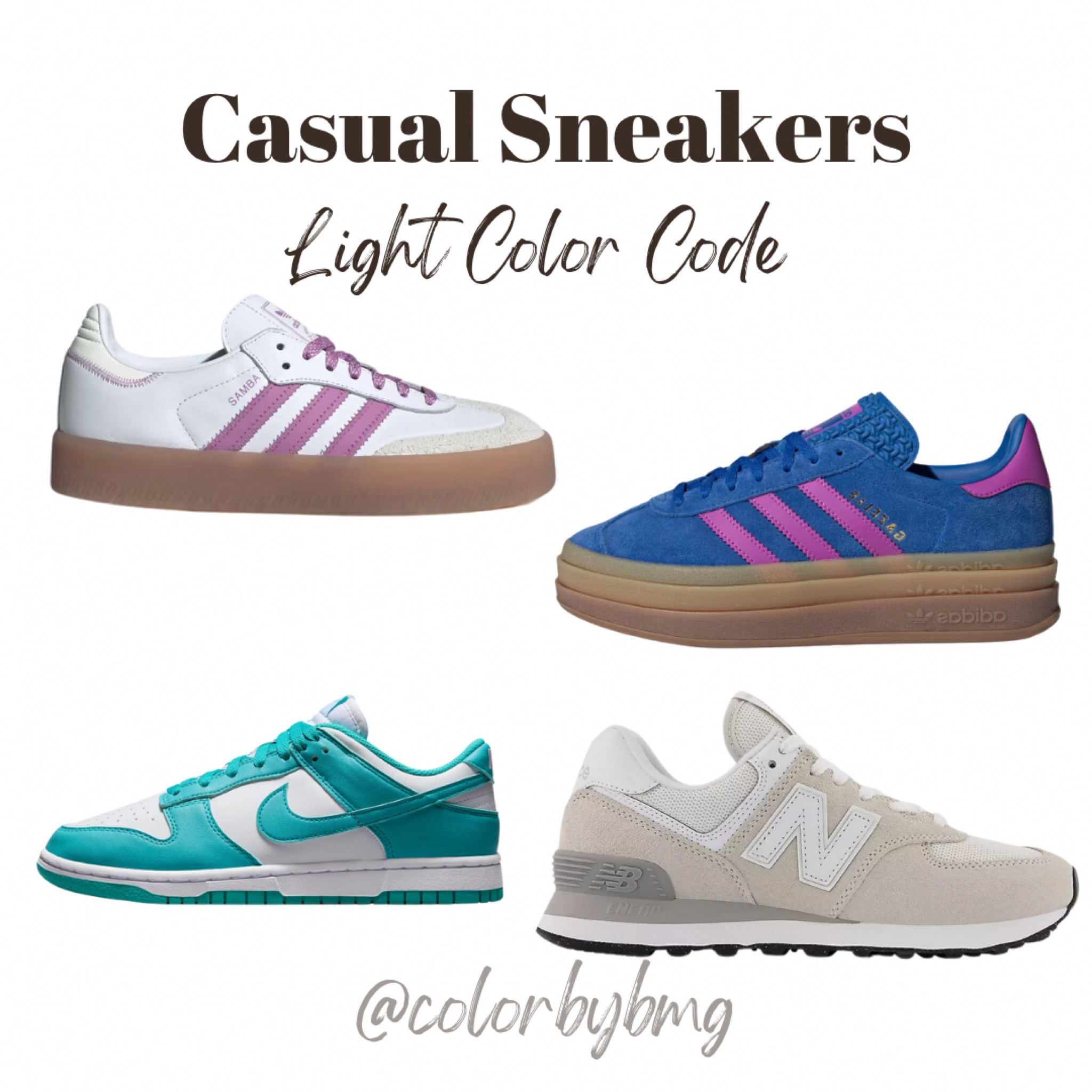 Light Color Code Sneakers:

Samba: White/Preloved Purple/Off White
Nike Dunk Low: White/Dusty Cactus
Gazelle Bold: Blue / Purple Burst / Blue
New Balance: Cloud with white

Light Spring 
Light Summer 

#LTKShoeCrush #LTKStyleTip