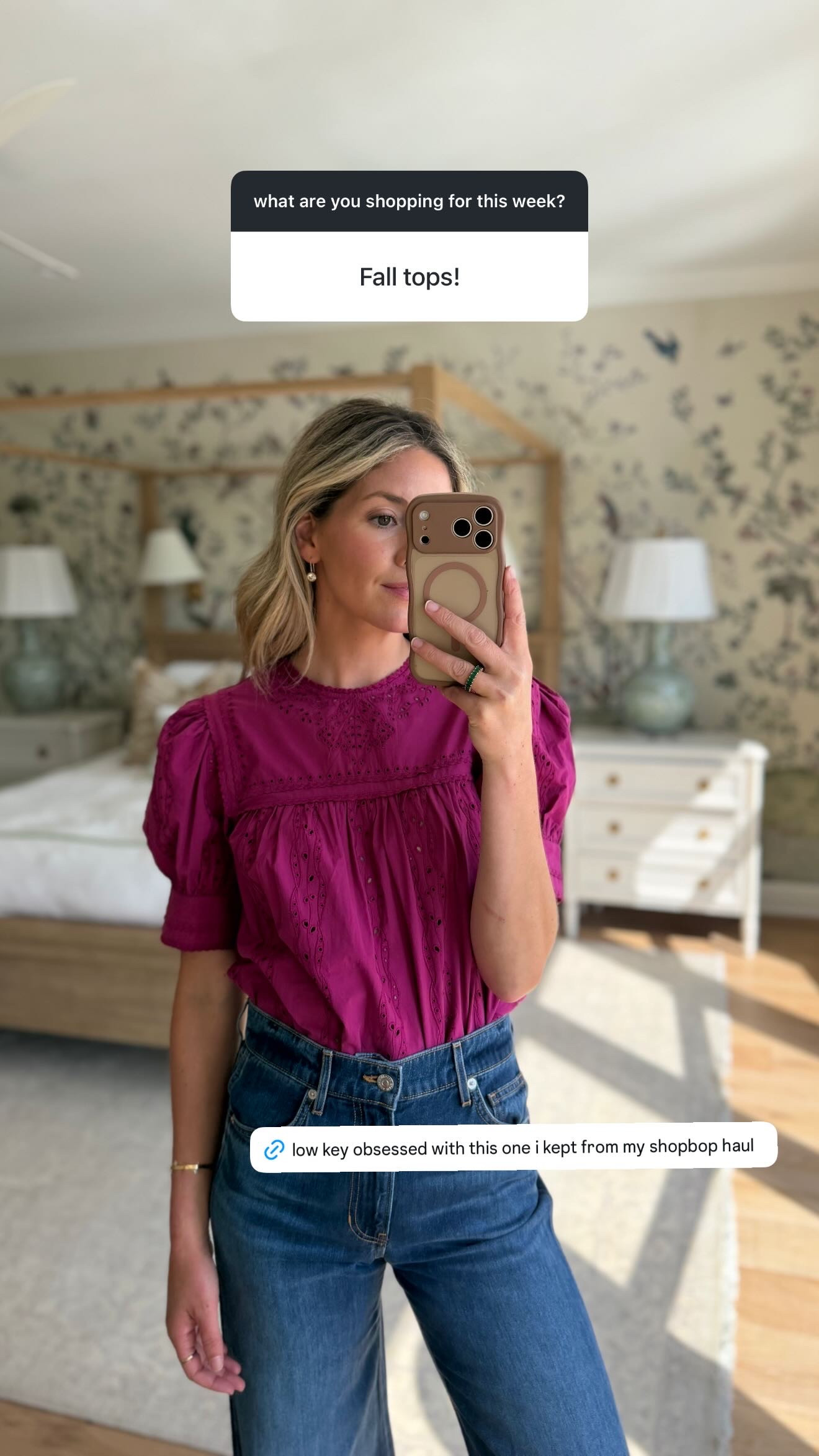 low key obsessed with this top from my shopbop haul, and yes, this one stayed! the jewel tone color is SO good for fall, and the eyelet details + puff sleeves make it feel way more special than a basic blouse.

i love it tucked into denim like this, but it would also be so pretty with chocolate trousers, ecru jeans, or a midi skirt. such an easy way to start dressing for fall while it’s still warm out. 

 #LTKSeasonal