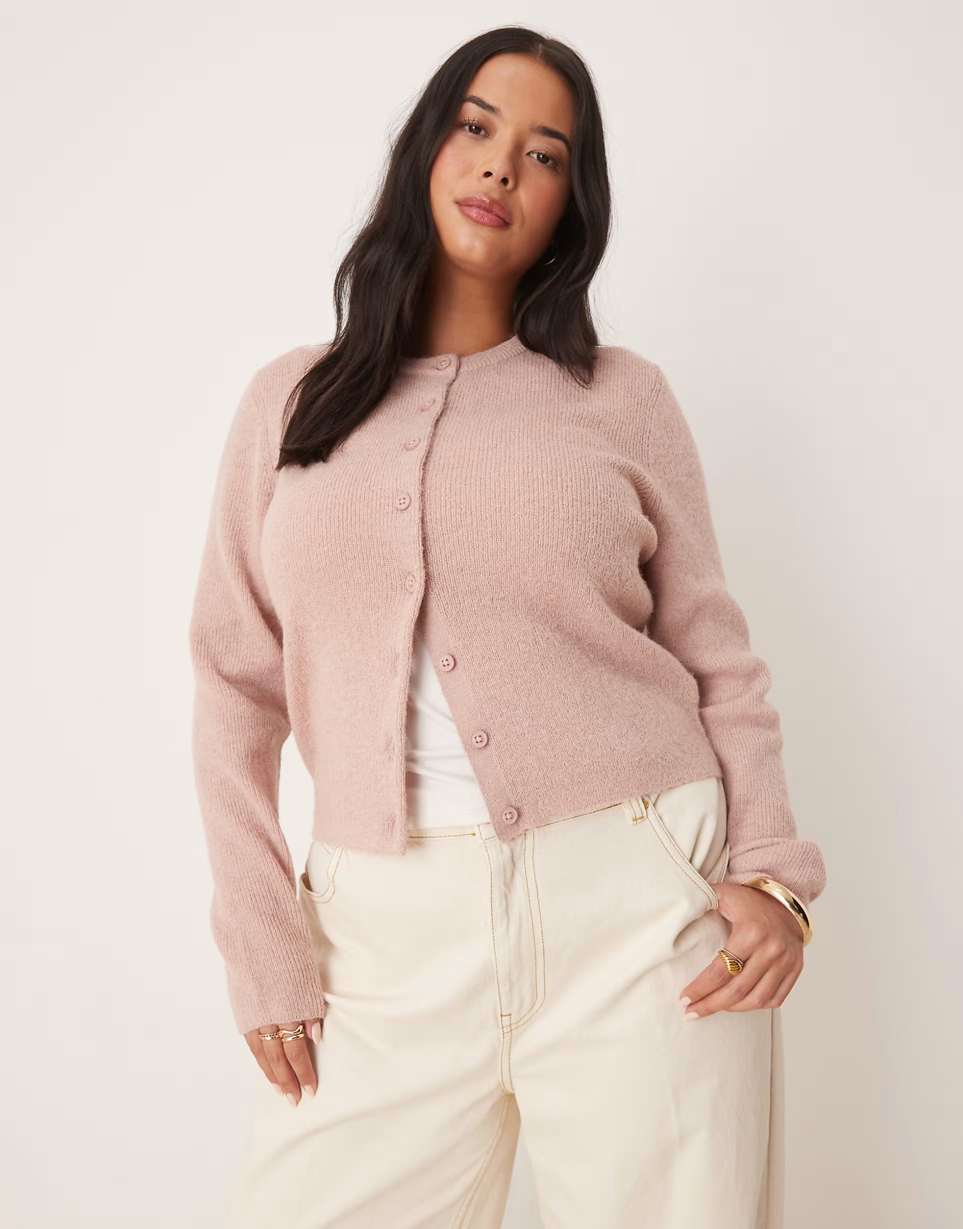 ASOS DESIGN Curve crew neck micro cardigan in light pink | ASOS (Global)