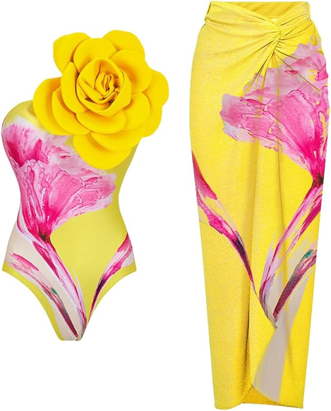 OLEMEK Women's One Piece Swimsuit 2 Pieces Beach Swimsuit Floral Print Tropical Bikini Swimsuit w... | Amazon (US)