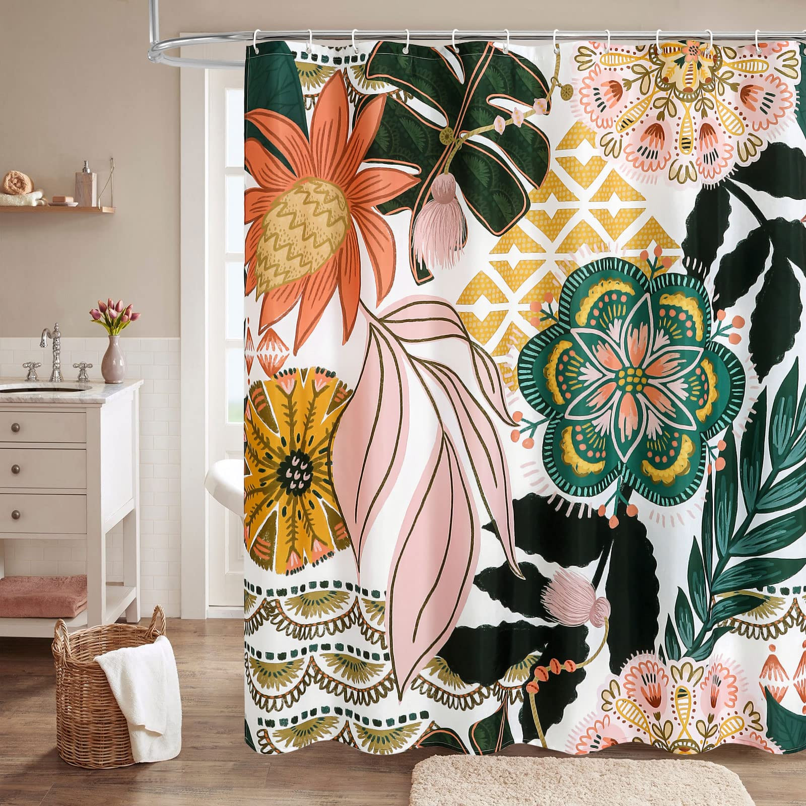 MitoVilla Boho Floral Shower Curtain, Tropical Leaves Fabric Cloth Shower Curtains for Chic Elega... | Amazon (US)