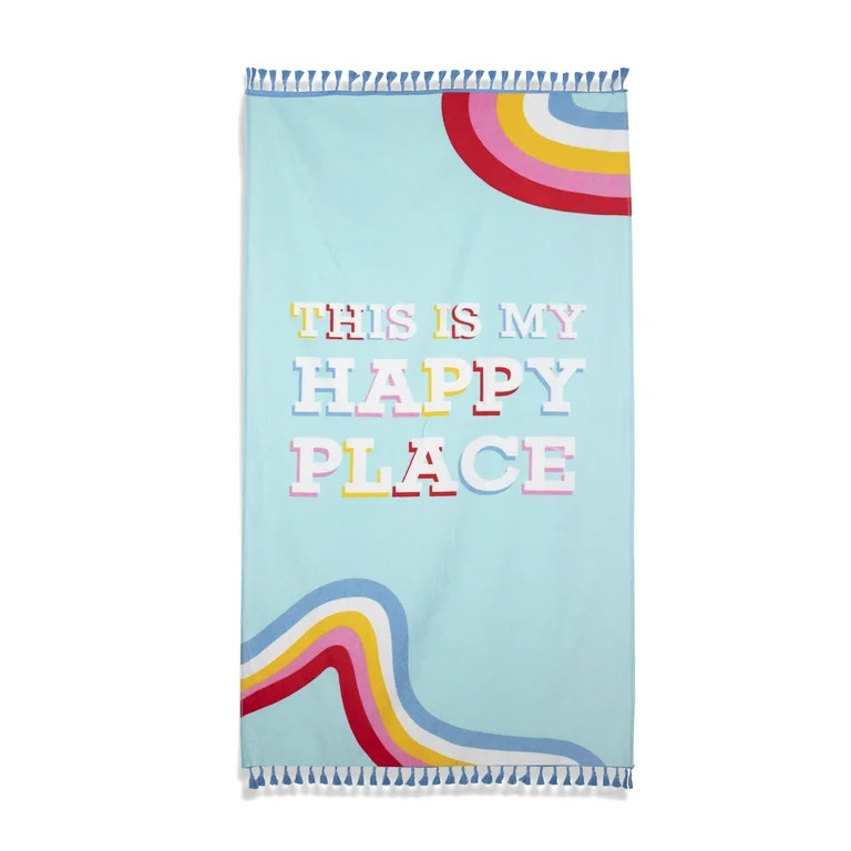 Packed Party Beach Towel, Happy Place Print, Multi-Color with Blue Fringe | Walmart (US)