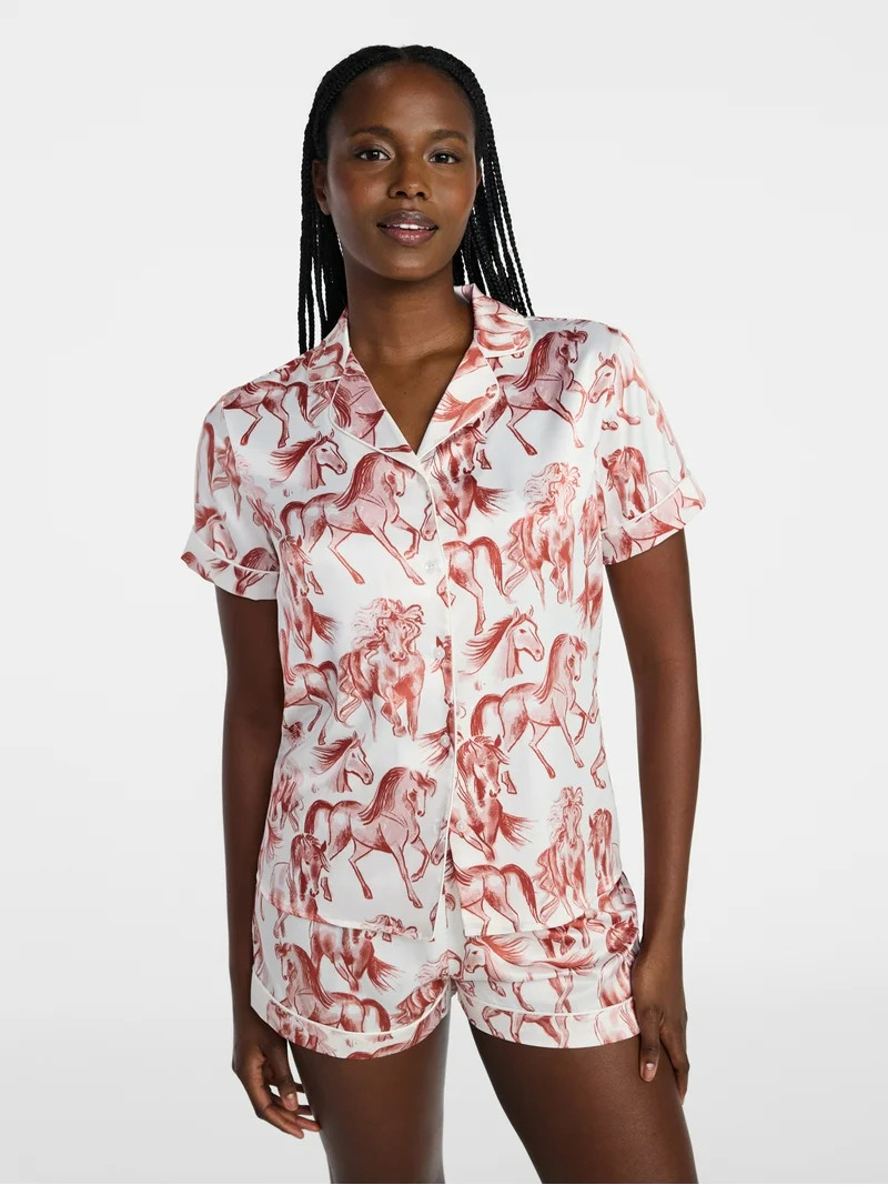 Joyspun Women’s Stretch Satin Short Sleeve Top and Shorts Pajama Set, Sizes XS-3X | Walmart (US)