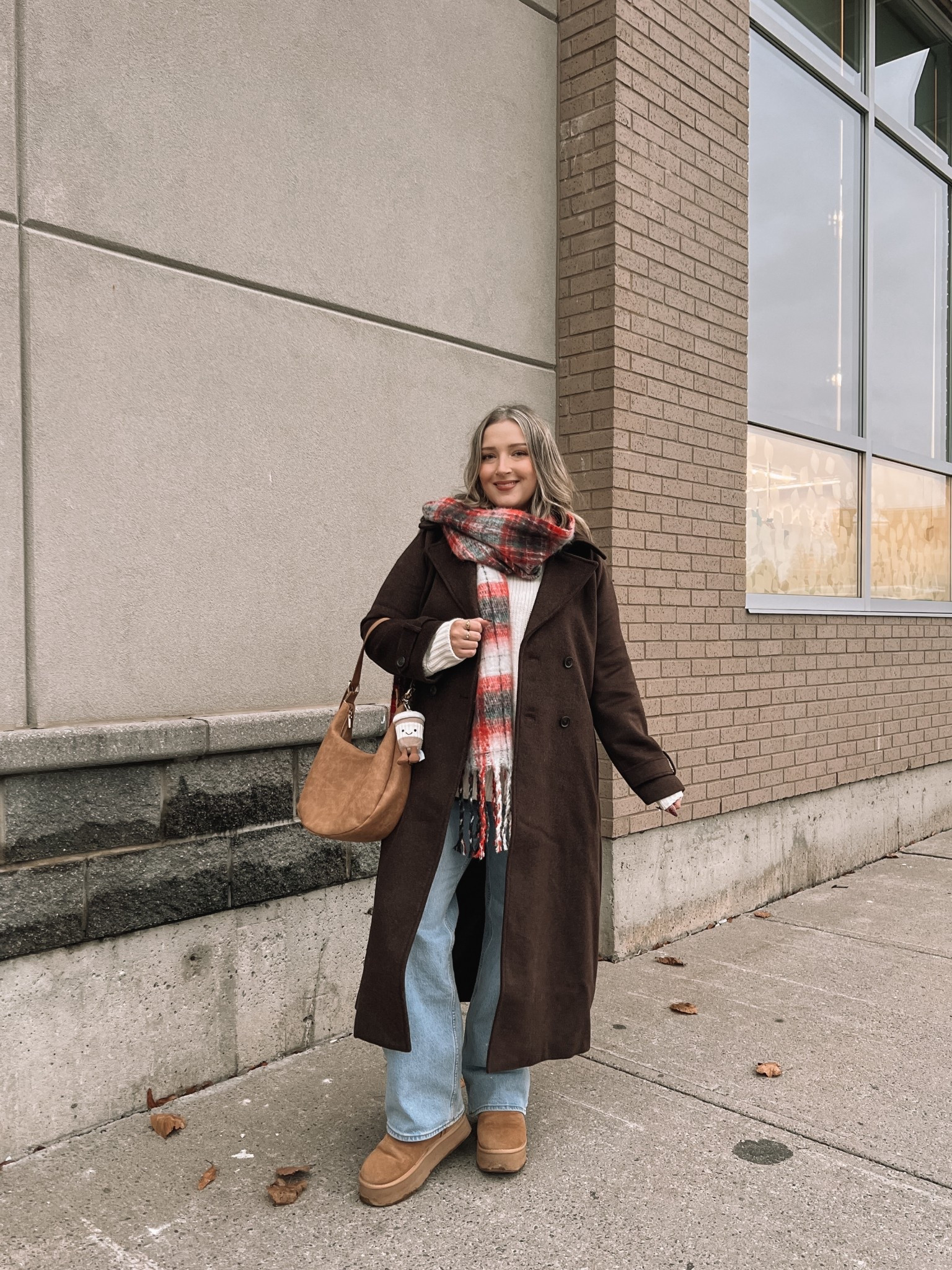 Casual winter outfit! Wearing my usual size L in the wool trench coat - love the dark chocolate brown! Also wearing L in the sweater. Wearing 32 in the jeans, could have done a 31 but I like a looser fit. Ugg look for less boots are super comfy and such good quality! I’m a 9.5-10 shoe and wear a 10 in these. Linked similar festive plaid scarves


#LTKmidsize #LTKwinter #LTKstyletip