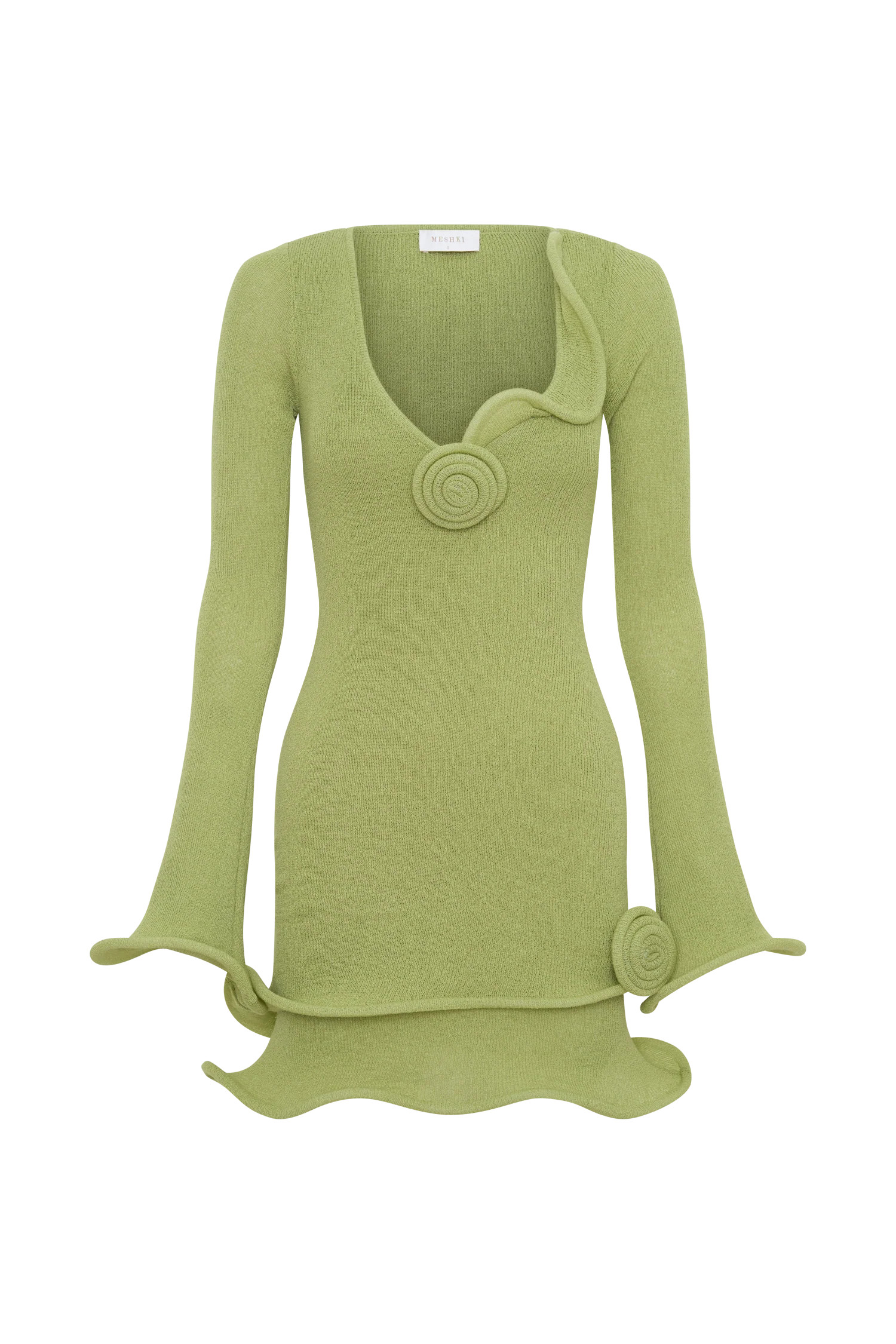 Samira Knit Long Sleeve Mini Dress - Light Olive | MESHKI US