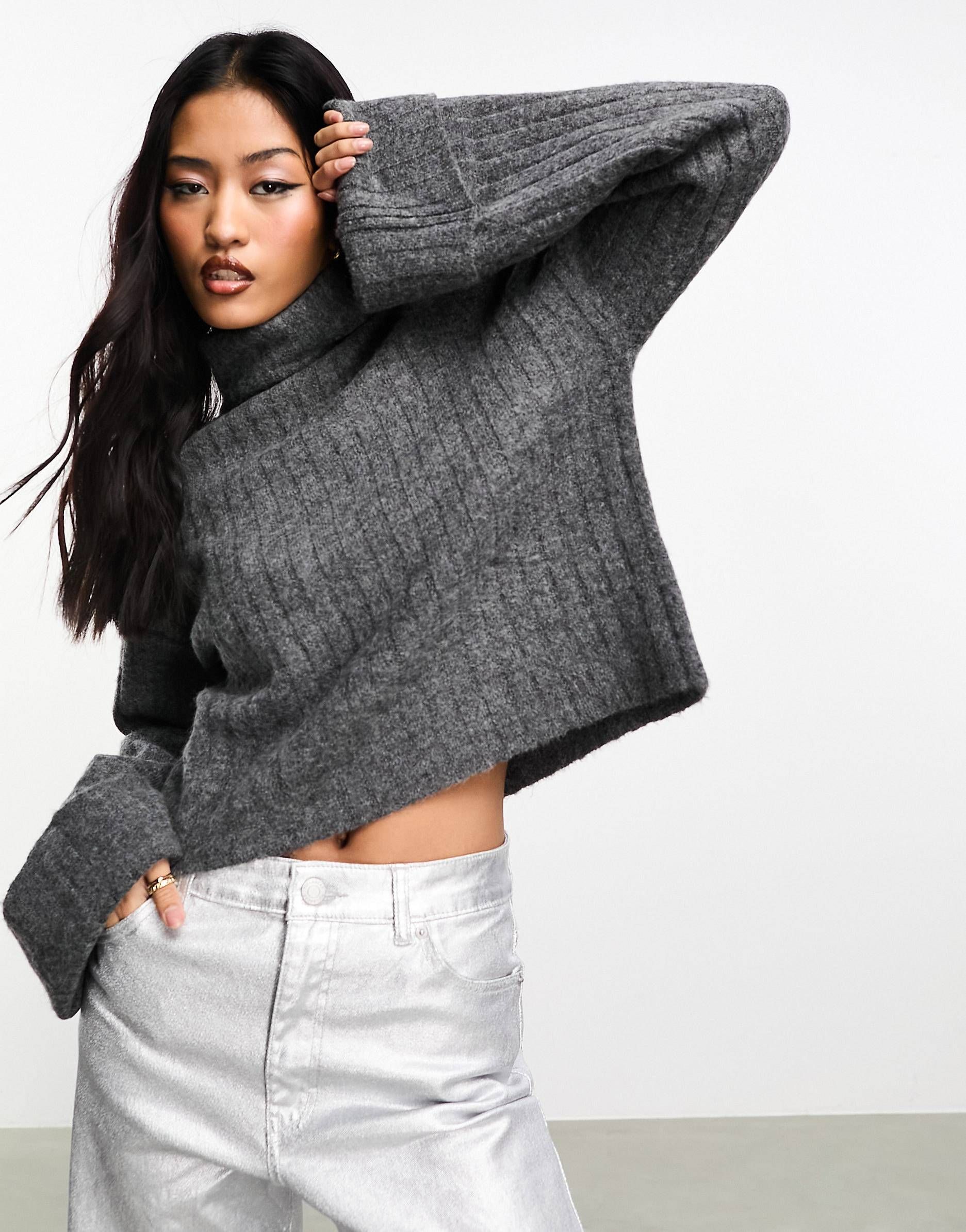 Pimkie soft ribbed roll neck jumper in charcoal grey | ASOS | ASOS (Global)