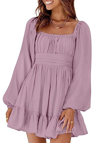 Dokotoo Spring Dresses for Women 2026 Square Neck Tie Backless Sexy Dress Lantern Long Sleeve Spring Outifits Ruffle A-Line Beach Dresses Casual Elastic Waist Mini Dress Large Purple | Amazon (US)