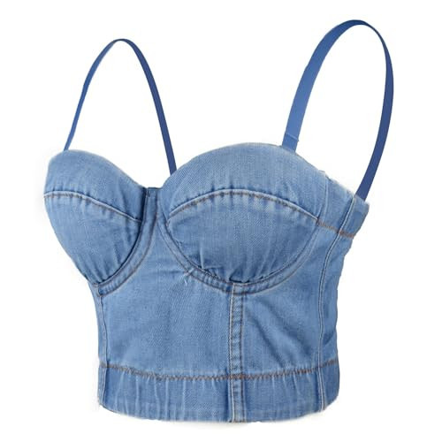 ELLACCI Women's Bustier Crop Top Jean Corset Top Bra with Detachable Straps Small Blue | Amazon (US)