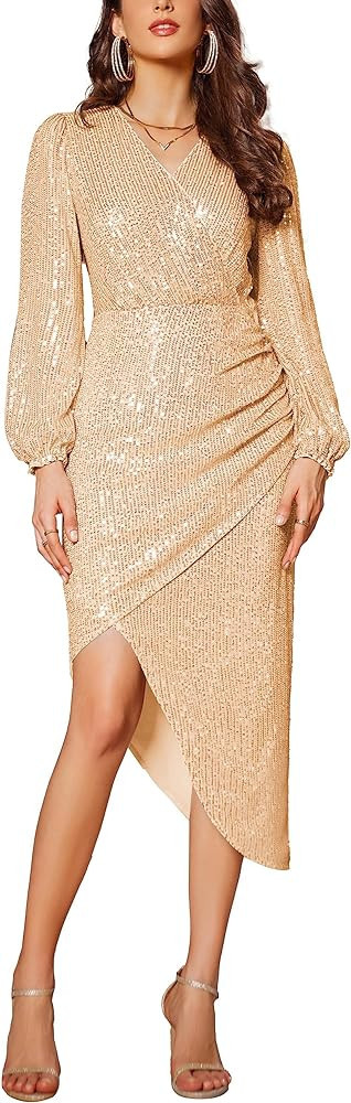 GRACE KARIN Gold Sequin Dress Sequin Midi Dress Gold Formal Dress Holiday Looks Holiday Party Looks | Amazon (US)