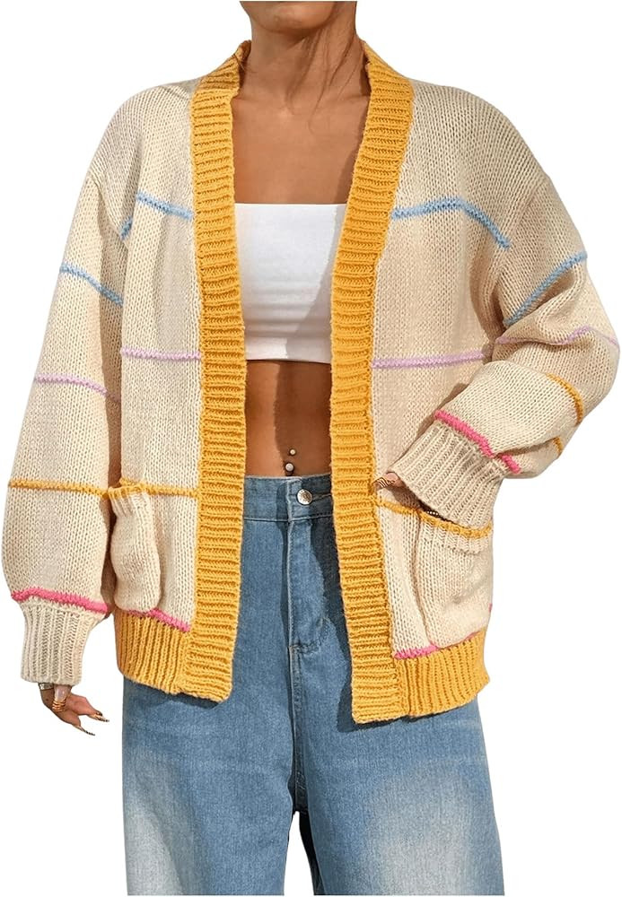 SHENHE Women's Oversized Color Block Open Front Chunky Knit Striped Cardigan Sweater Coat | Amazon (US)