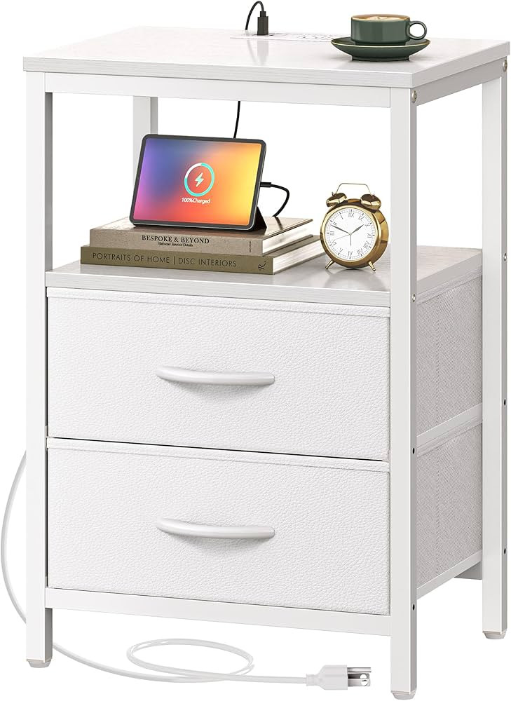 Huuger Nightstand with Charging Station, Side Table with Fabric Drawers, End Table with Open Shel... | Amazon (US)