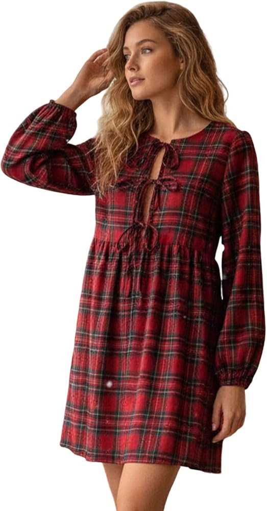 Christmas Plaid Dress Women Puff Sleeve Square Neck Mini Dress Vintage Gingham A-Line Dresses Cas... | Amazon (US)
