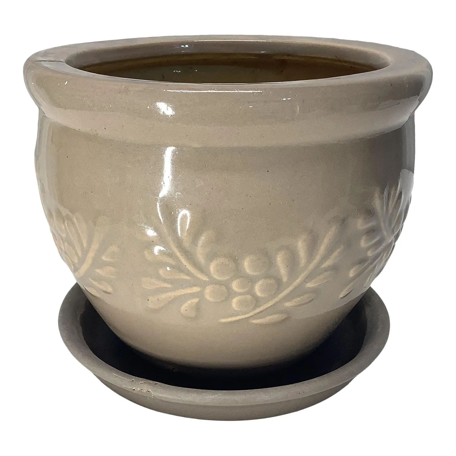 Vintage Ceramic Round Planter With Overflow Plate & Botanical Design in Taupe | Chairish