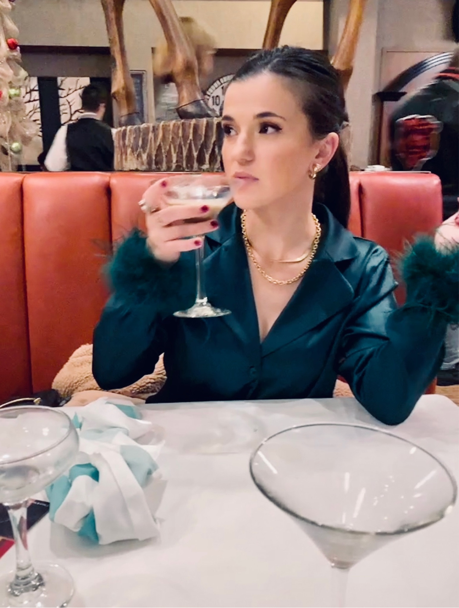 Satin feather trim top + chunky gold jewelry ✨ simple holiday outfit but looks glam 

#LTKHoliday #LTKSeasonal #LTKstyletip