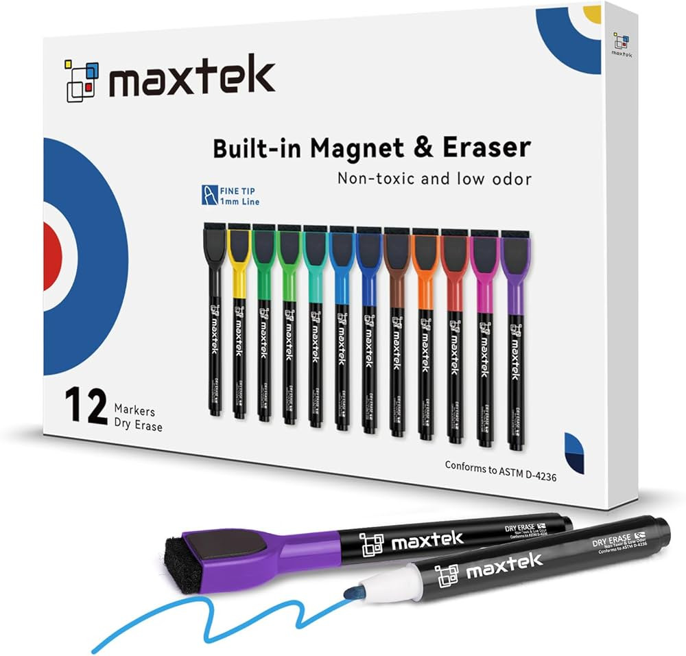 maxtek Magnetic Whiteboard Markers - 12 Count Colorful Fine Tip Dry Erase Markers with Eraser for... | Amazon (US)