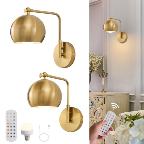 Powfloven Gold Battery Operated Wall Sconces Set of 2, Rechargeable Wireless Wall Light Fixture w... | Amazon (US)