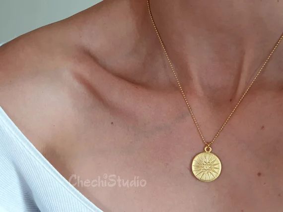 Gold Sun Necklace, Silver Layering Necklace, Gold Medallion Necklace, Dainty Gold Coin Necklace, ... | Etsy (US)