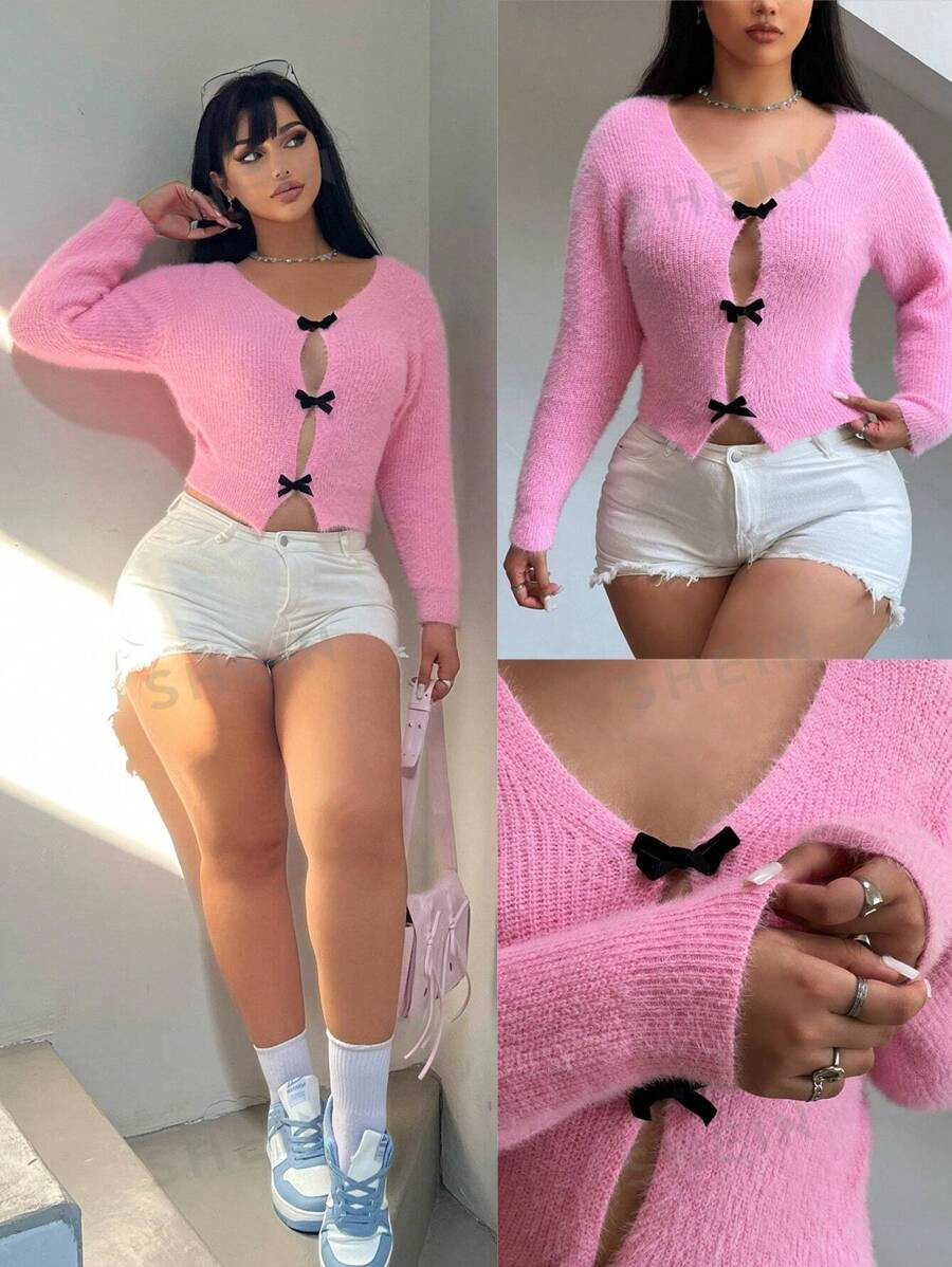 SHEIN POPSWAY Plus Size Women Fuzzy Bow Knit Pullover Sweater | SHEIN