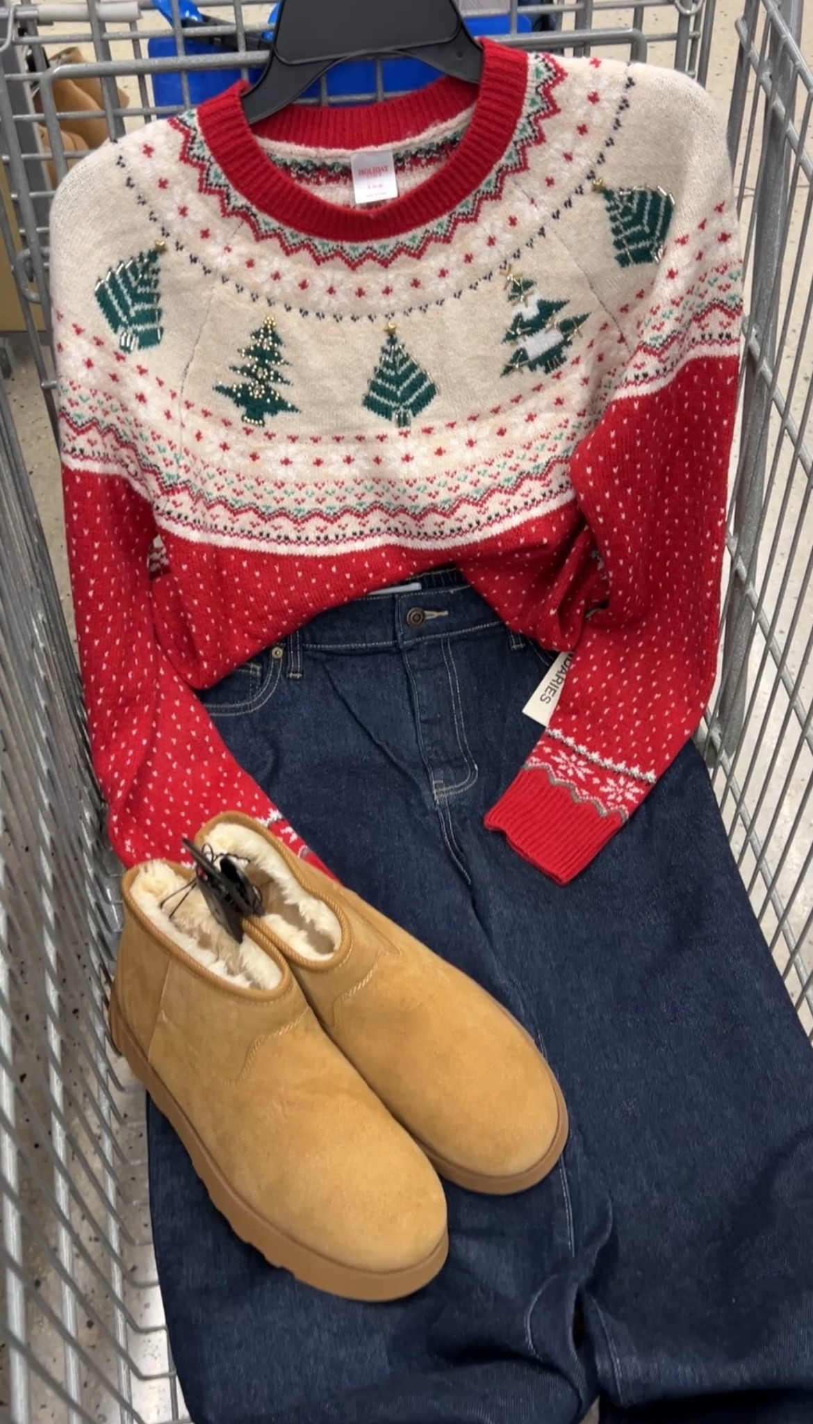 Walmart Christmas sweater outfit idea with wide leg jeans and faux shearling boots. I got my usual size small in the sweater. You could size up if you want to layer with a shirt (but these won’t be oversized or tunic length). Jeans tts small. Boots if between go down half size. 

#LTKFindsUnder50 #LTKGiftGuide #LTKHoliday