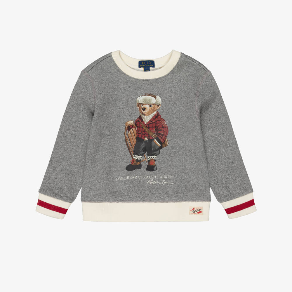 Ralph Lauren Boys Light Grey Marl Sweatshirt With Polo Bear Print | Childrensalon