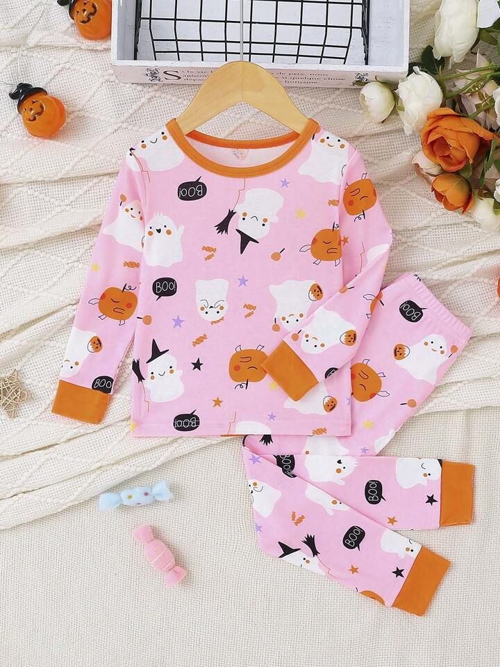 Young Girl Halloween Cartoon Graphic Contrast Binding PJ Set | SHEIN