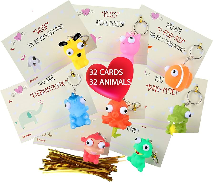 32 Piece Valentines Day Cards for Kids With Pop-Eye Animal Keychain- Perfect for Valentine’s Da... | Amazon (US)