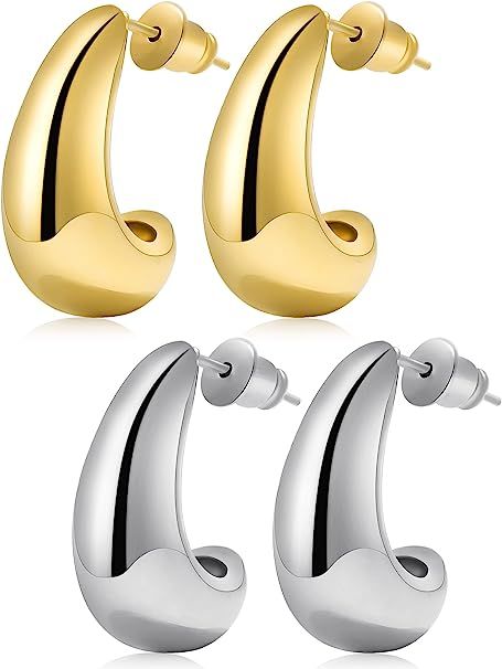 Chunky Gold Hoop Drop Earrings for Women Girls 14K Small Thick Waterdrop Hoops Fashion Jewelry | Amazon (US)