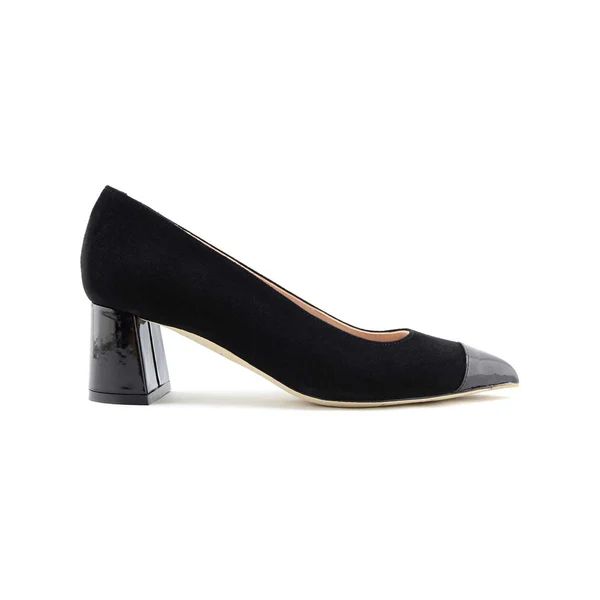 Black Suede Cap Toe Lower Block Heel Pump | ALLY Shoes