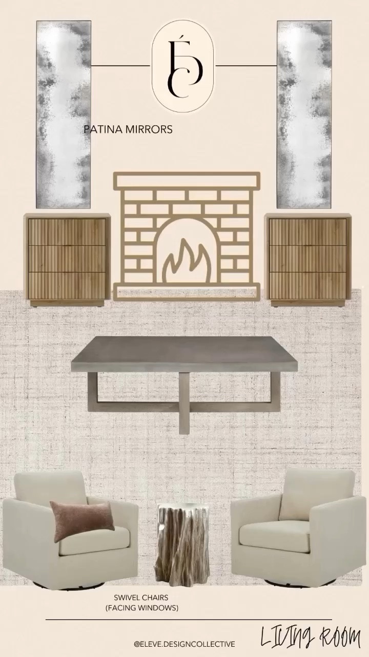 At Élevé we can create a design for any budget! Join the collective today! Visit our website www.elevedesigncollective.com to learn about all of our available services. 

We can’t wait to get to know you! 

Interior Design, design board, living room, coffee table, mirrors, side table, night stand, neutral area rug, fireplace 

#LTKU #LTKhome #LTKstyletip