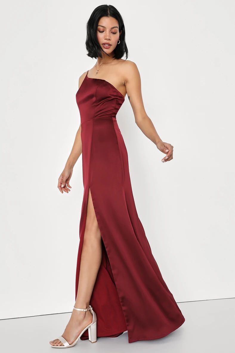 Coveted Charm Wine Red Satin One-Shoulder Maxi Dress | Lulus