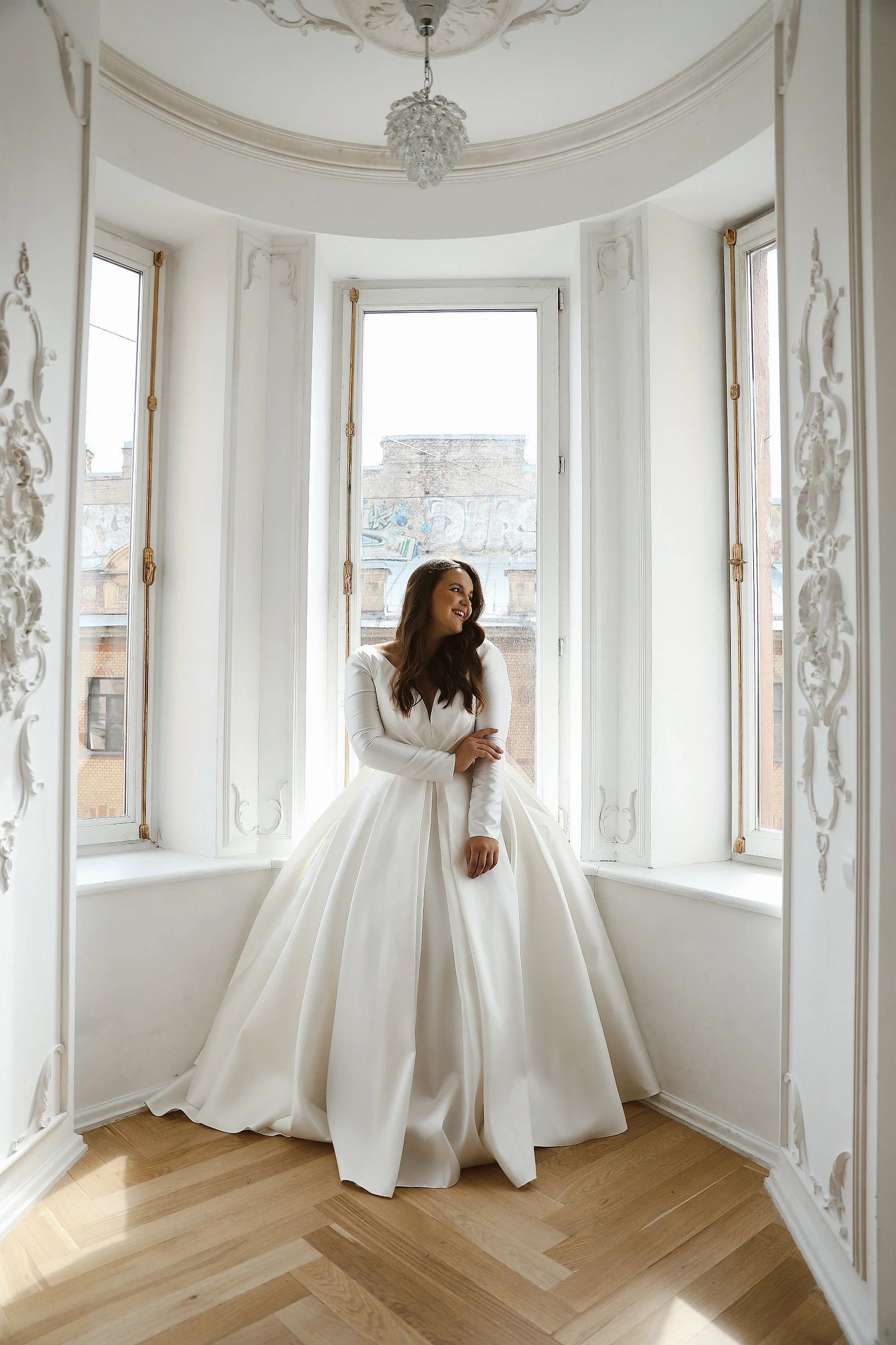 Mikado wedding dress Ester by Olivia Bottega. Long sleeve wedding dress. Pockets on skirt. Deep n... | Etsy (US)