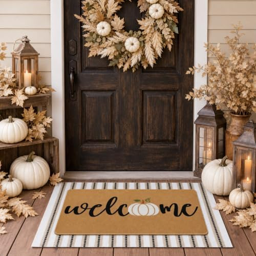 Tinideya 2 Pcs Fall Layered Doormat Set, Farmhouse Pumpkin Welcome Mat with Striped Layering Rug ... | Amazon (US)