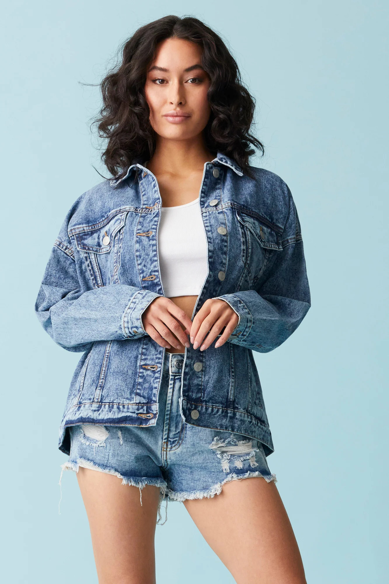 Refuge Oversized Wide Shoulder Denim Jacket | Urban Planet