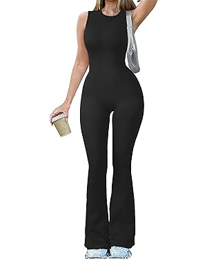 OQQ Women Yoga Jumpsuits Ribbed Crew Neck Sleeveless Bell Bottoms Flare Jumpsuits | Amazon (US)