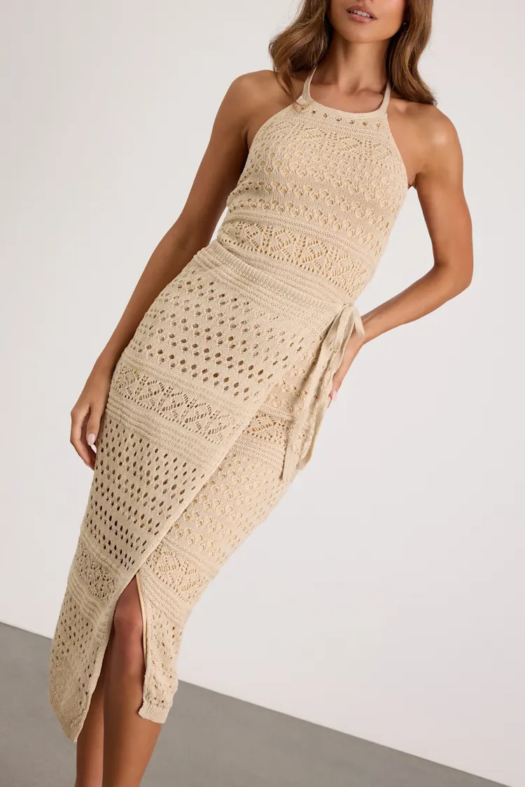 Blissful Strolls Beige Crochet Faux-Wrap Halter Midi Dress | Lulus