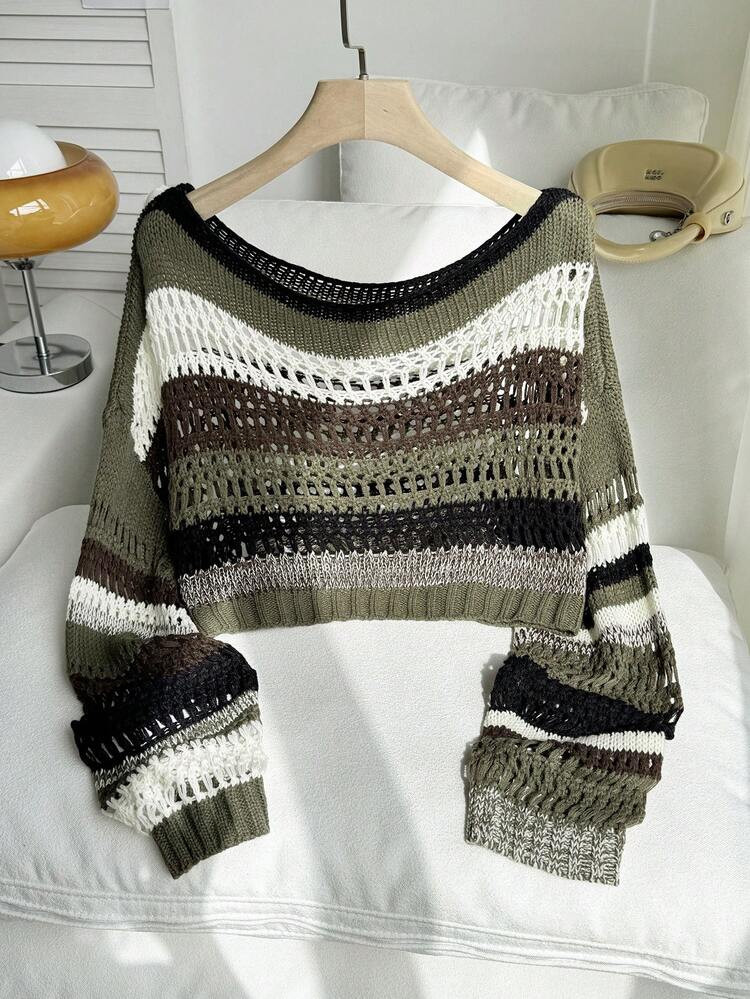 Comfortcana Plus Size Colorblock Striped Hollow Out Cropped Knit Sweater Winter Fall Autumn | SHEIN