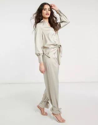 Style Cheat tie front button shirt and cuffed tailored trouser co-ord in taupe | ASOS (Global)